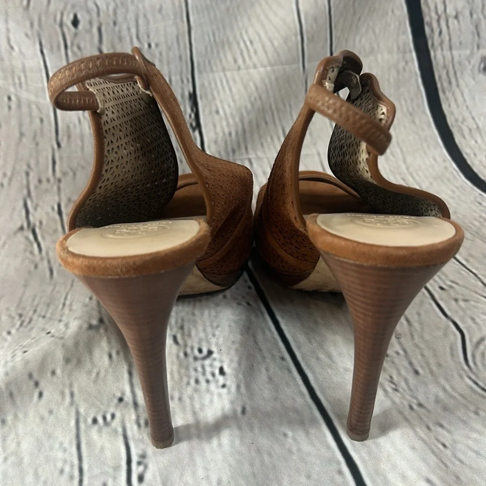 Tory Burch Ellie Heeled Brown Suede Sandals Size 9.5 Great Condition